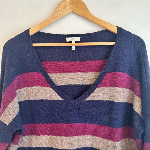 Joie Navy, Maroon, Tan Striped Wool Blend V-Neck Sweater Size Large - Picture 3 of 6